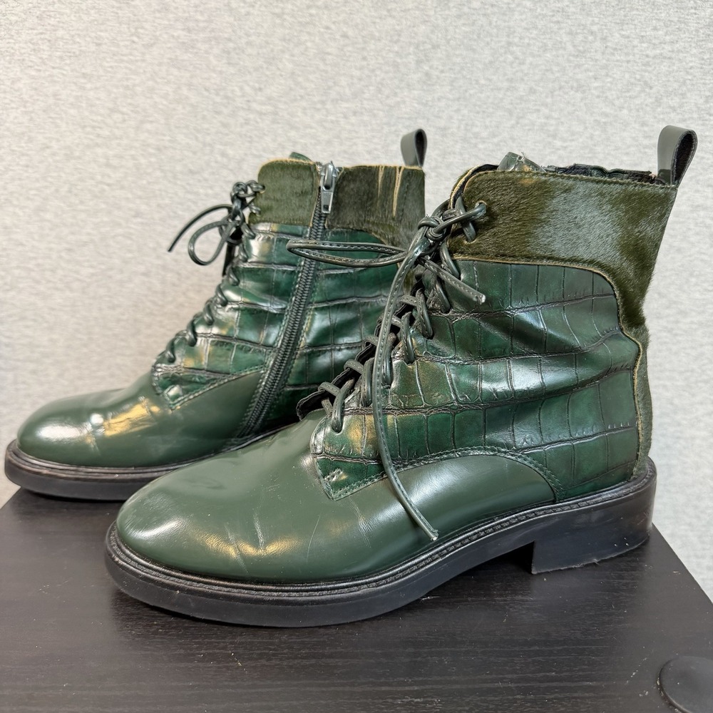 Jeffrey Campbell Fisher Green Croc Embossed Leather Lace Up Combat Boots Sz 7